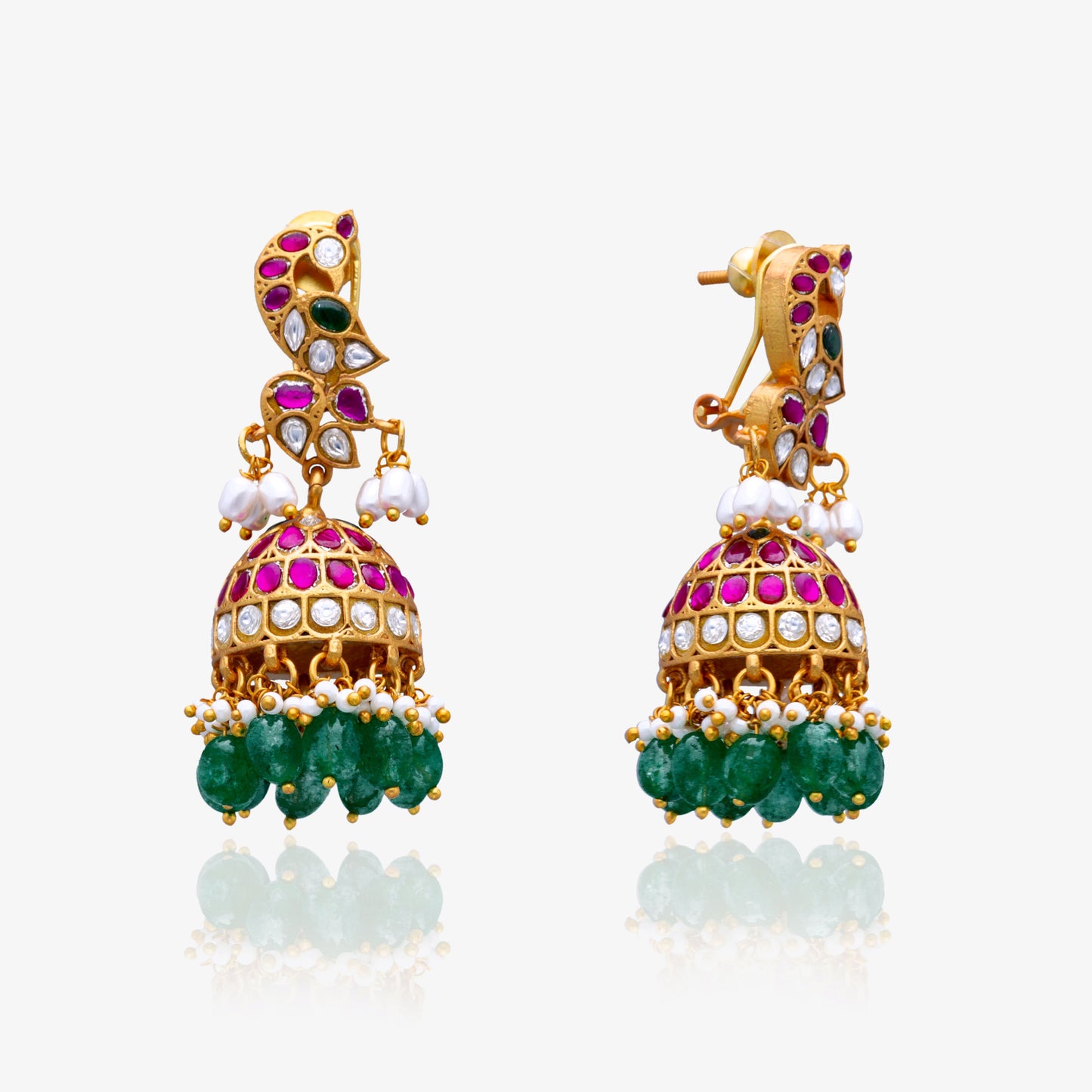 Peacock Ruby Emerald Kundan Jhumkas
