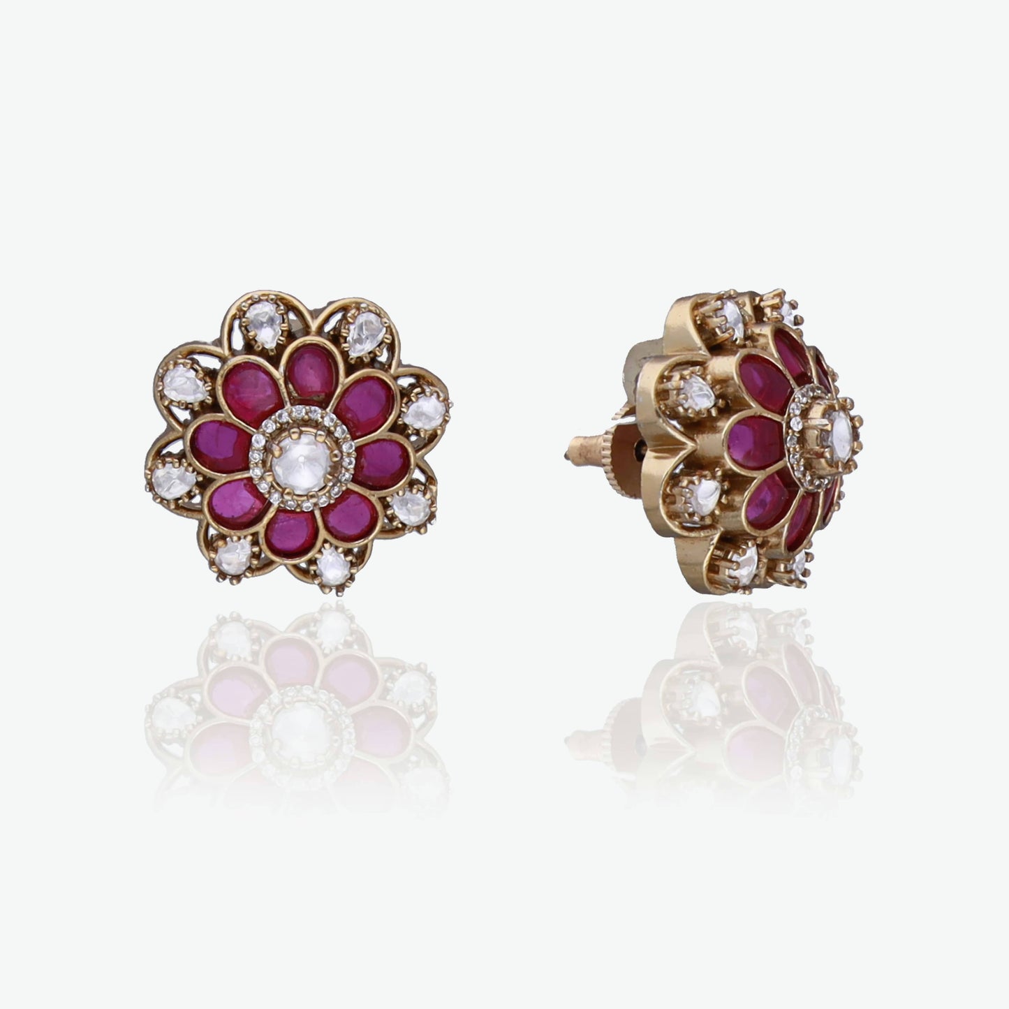 Moissanite Ruby Pink Floral Studs