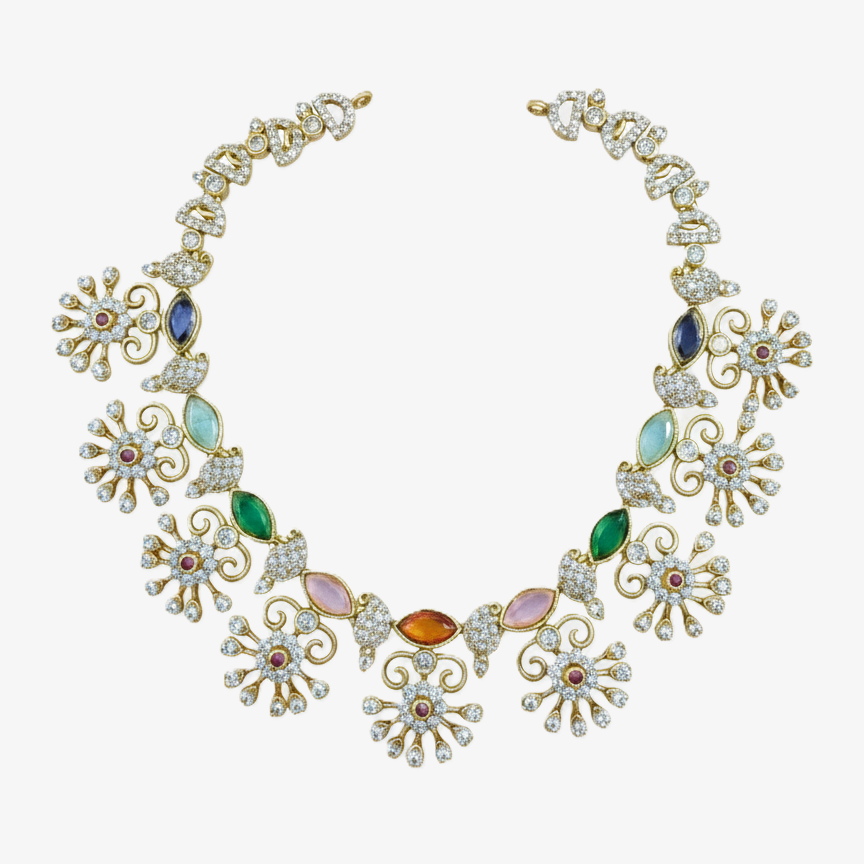 Rainbow Florals CZ Navratna Necklace