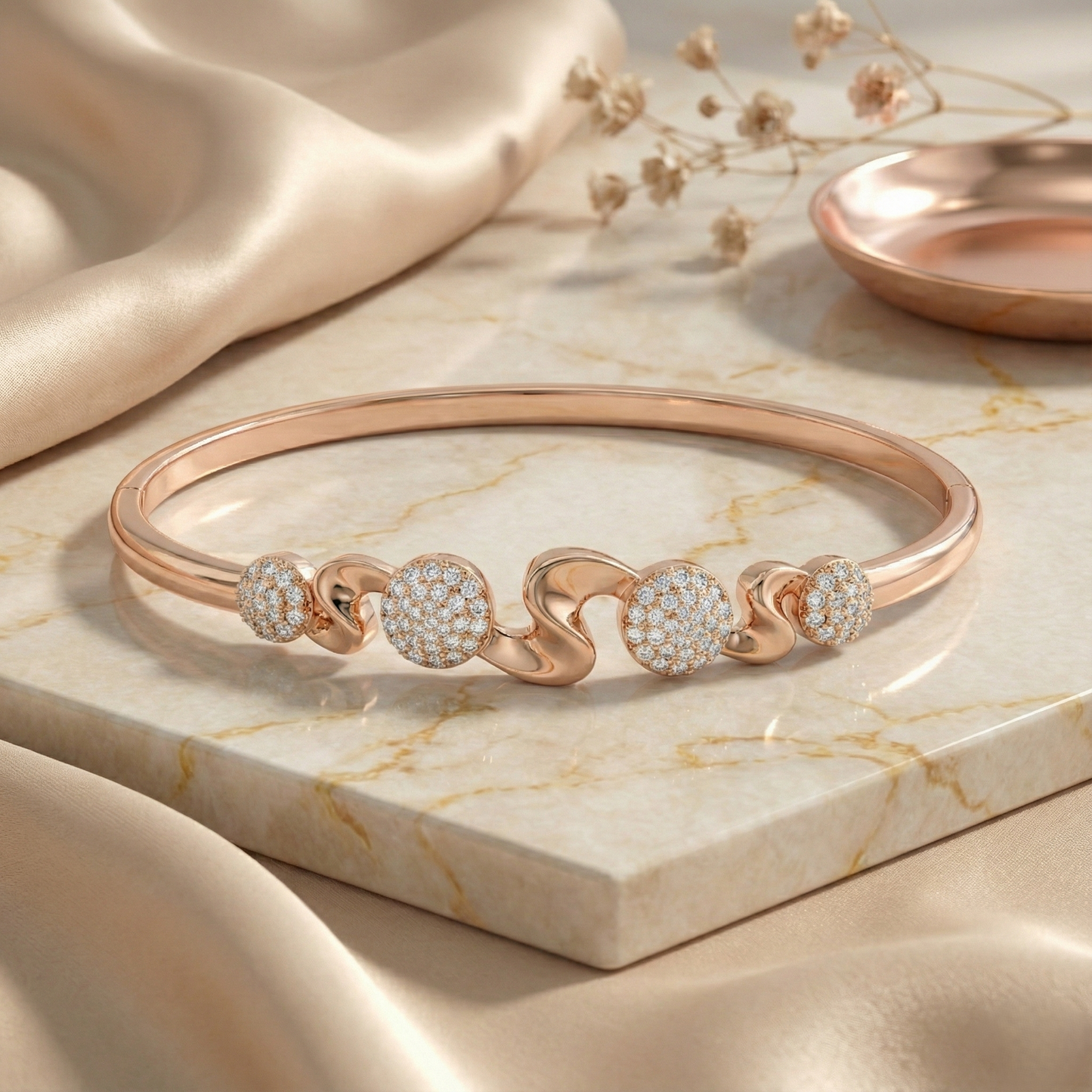 Rose Gold Wave Disc Pave Bracelet
