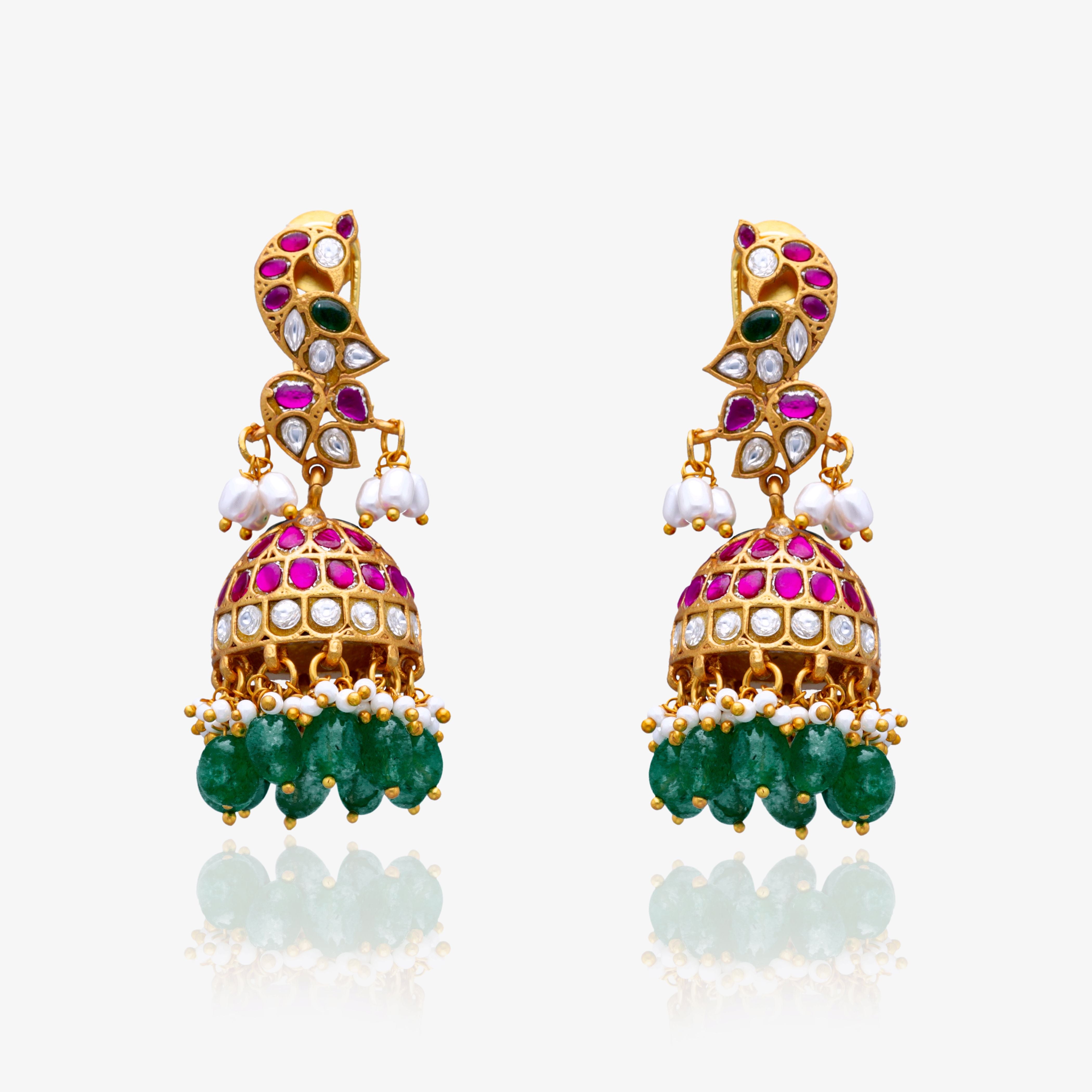 Peacock Ruby Emerald Kundan Jhumkas