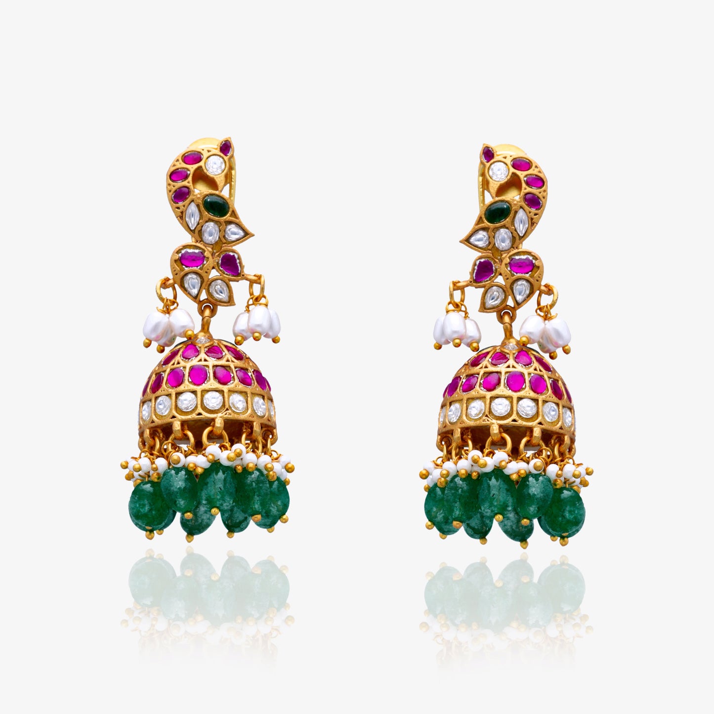Peacock Ruby Emerald Kundan Jhumkas
