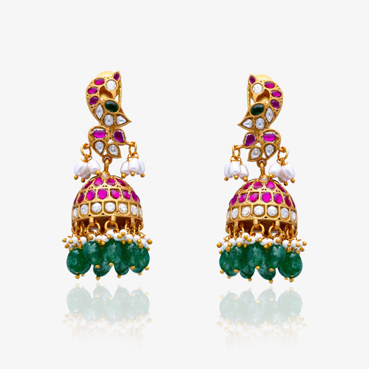 Peacock Ruby Emerald Kundan Jhumkas