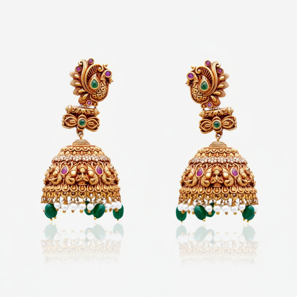 Emerald Peacock Temple Jhumkas