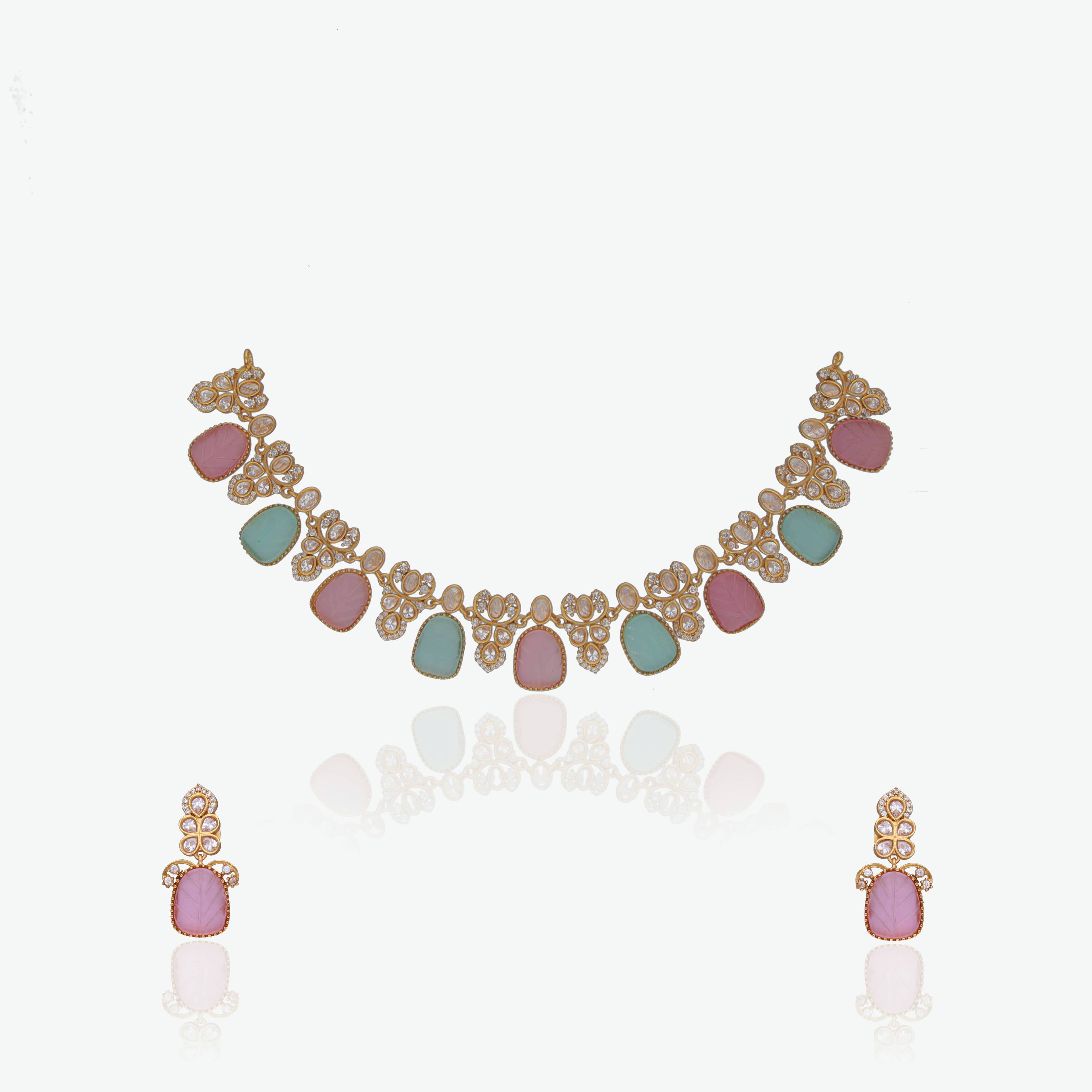 Pastel Pink & Mint Green Stone CZ Necklace Set