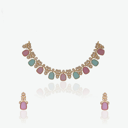 Pastel Pink & Mint Green Stone CZ Necklace Set