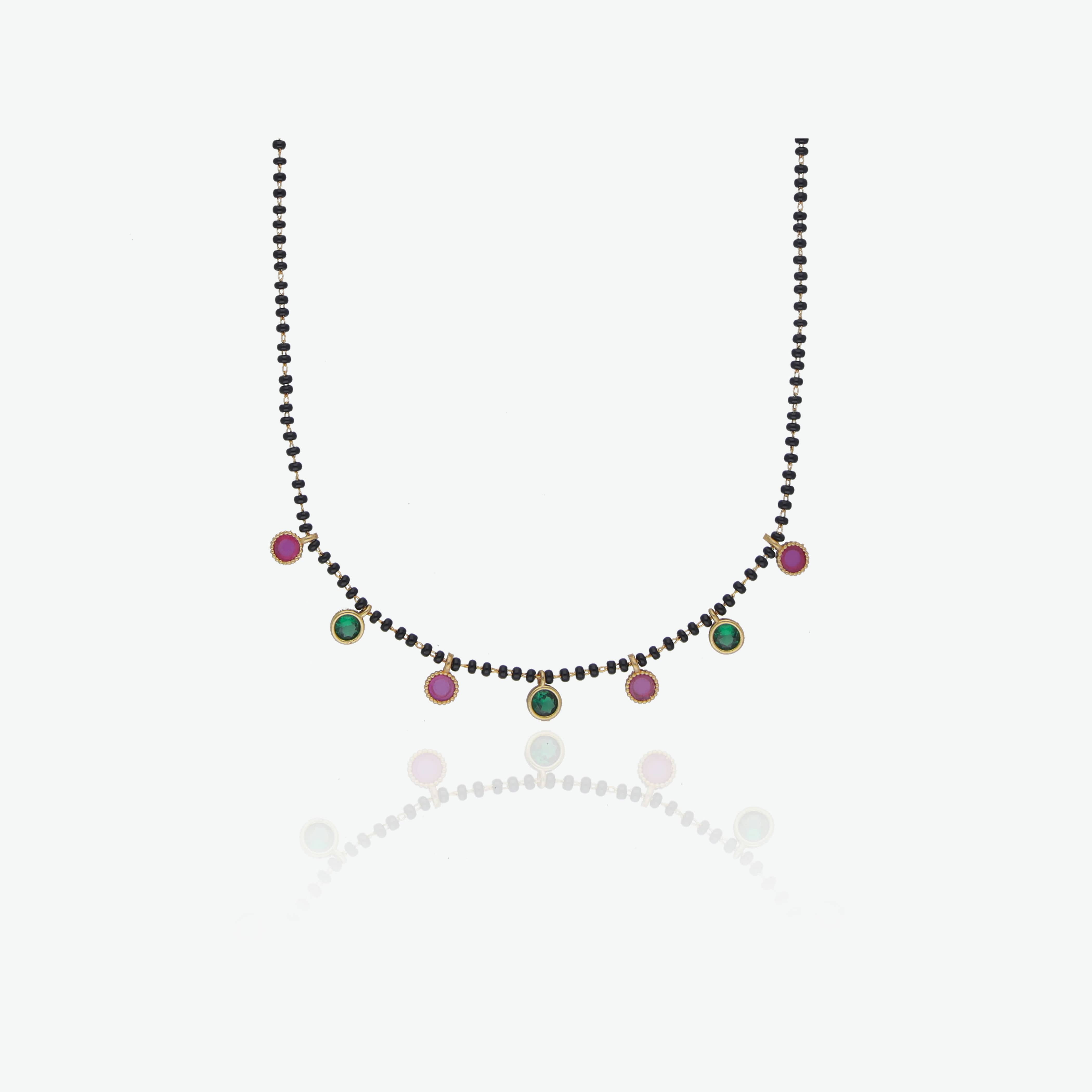 Pink & Green Stone Black Beads