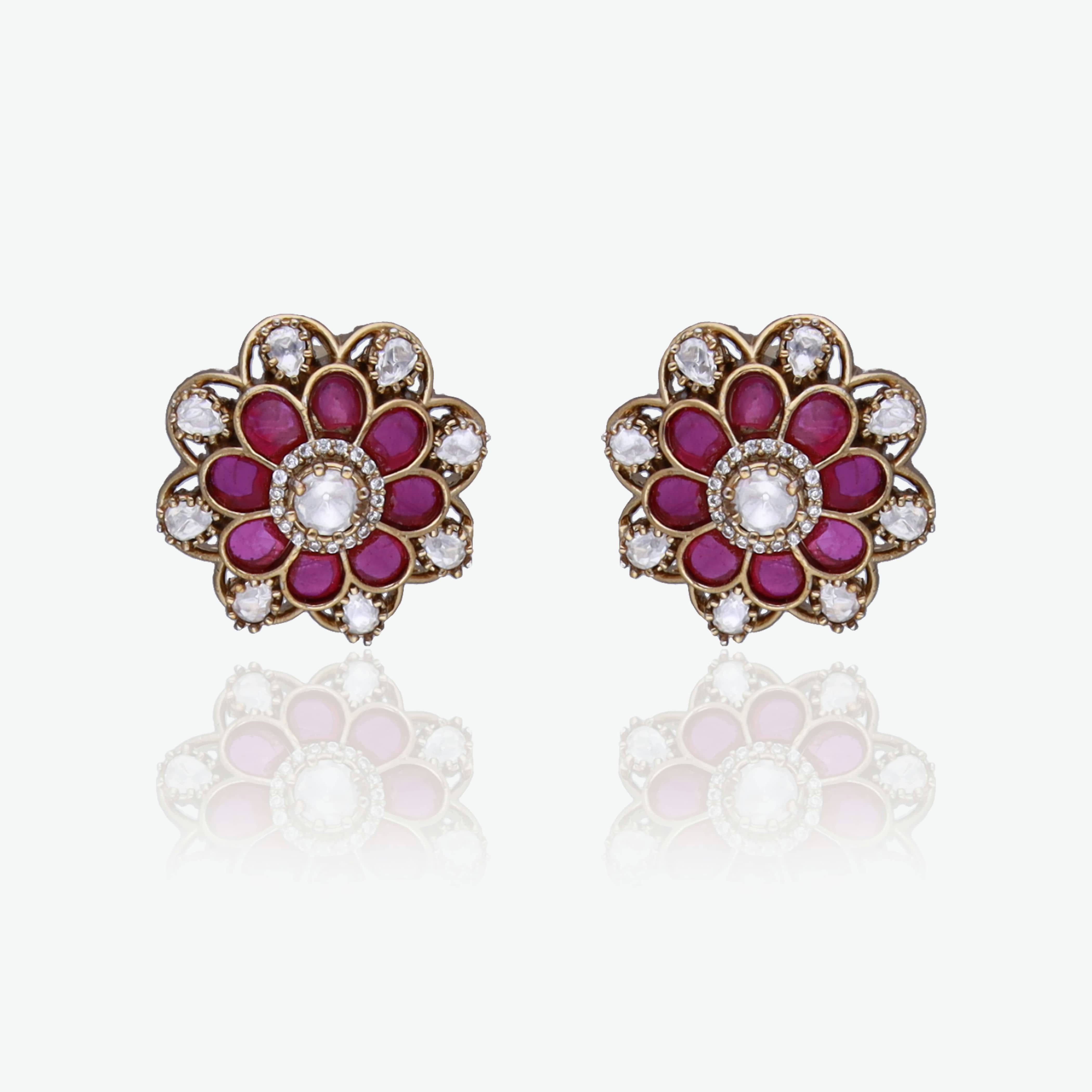 Moissanite Ruby Pink Floral Studs