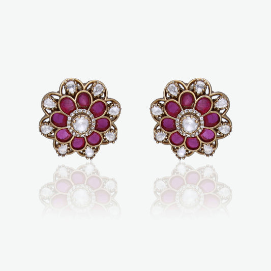 Moissanite Ruby Pink Floral Studs