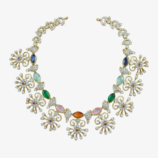 Rainbow Florals CZ Navratna Necklace