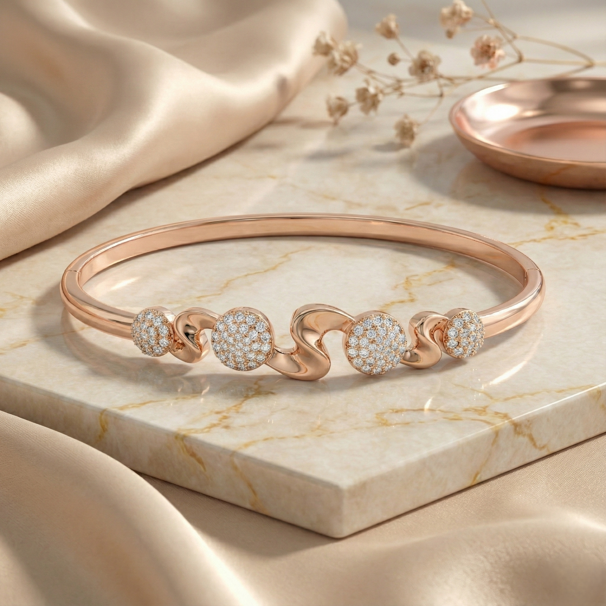 Rose Gold Wave Disc Pave Bracelet
