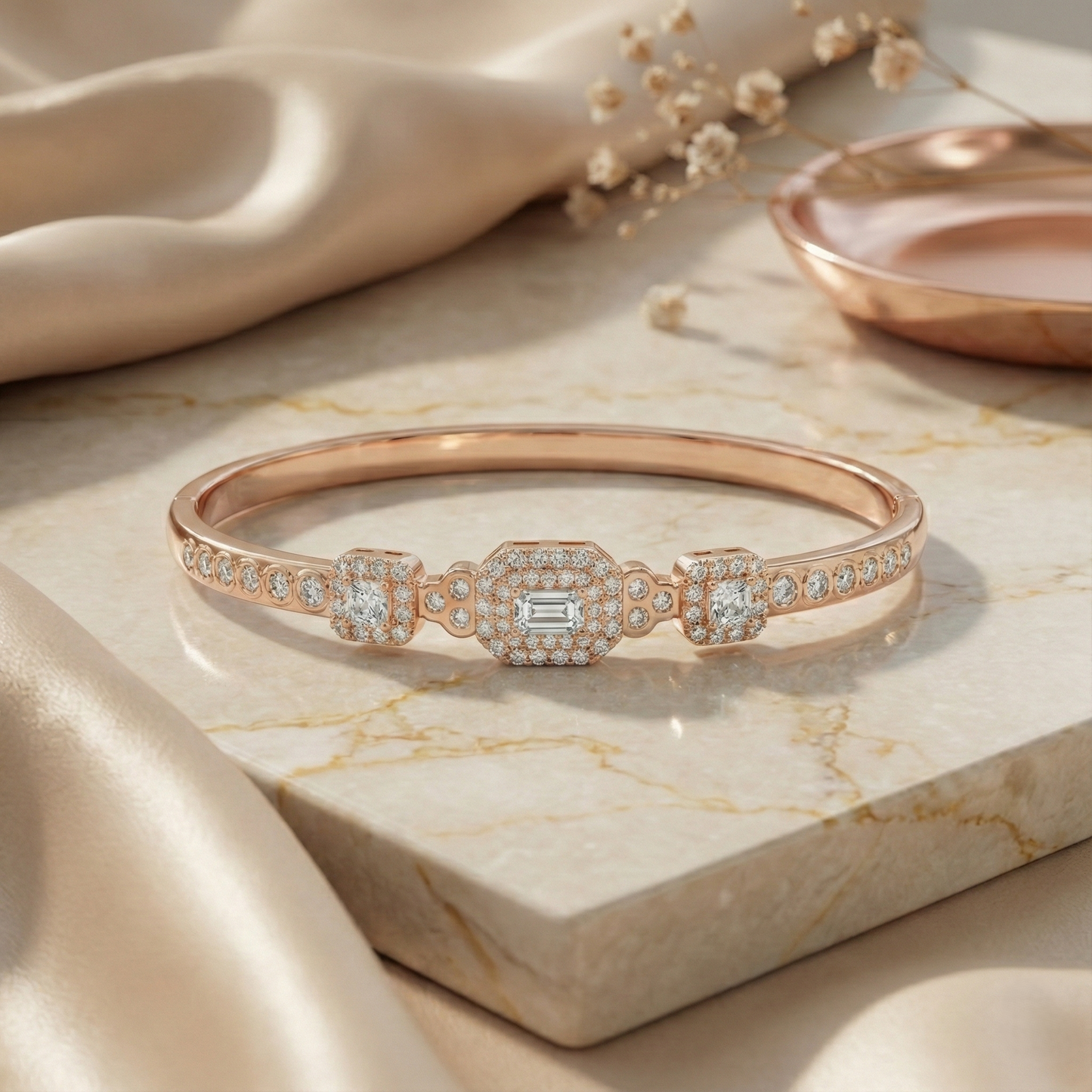 Rose Gold Emerald Halo Station Bracelet