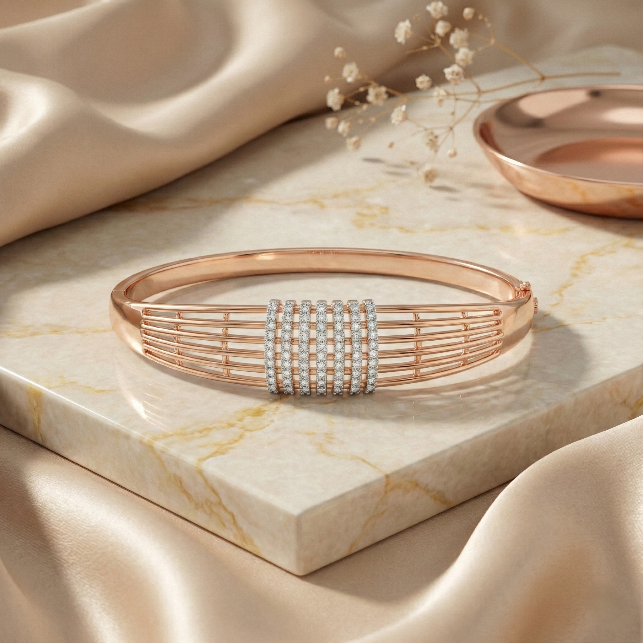 Rose Gold Ribbed Pave Statement Cuff