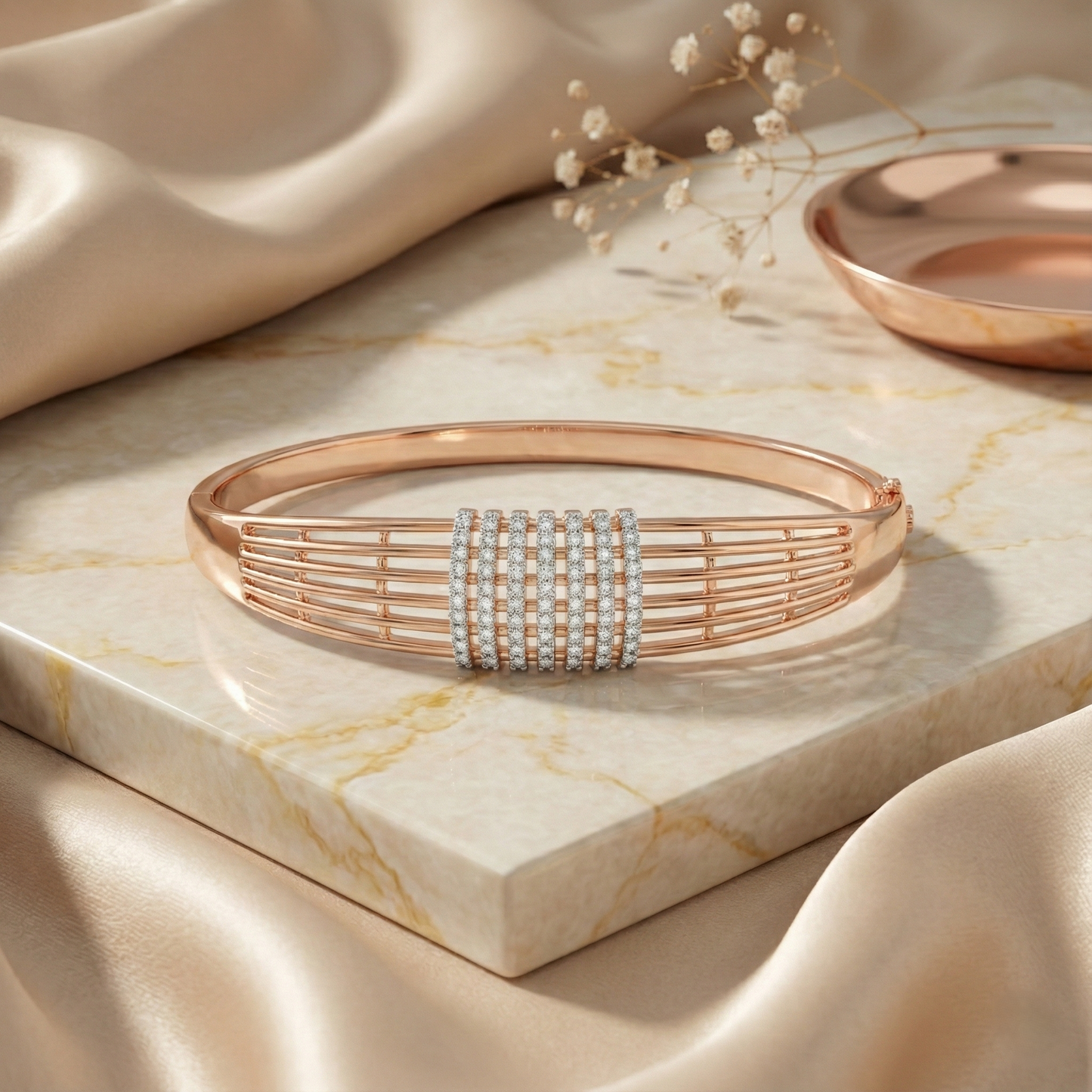 Rose Gold Ribbed Pave Statement Cuff