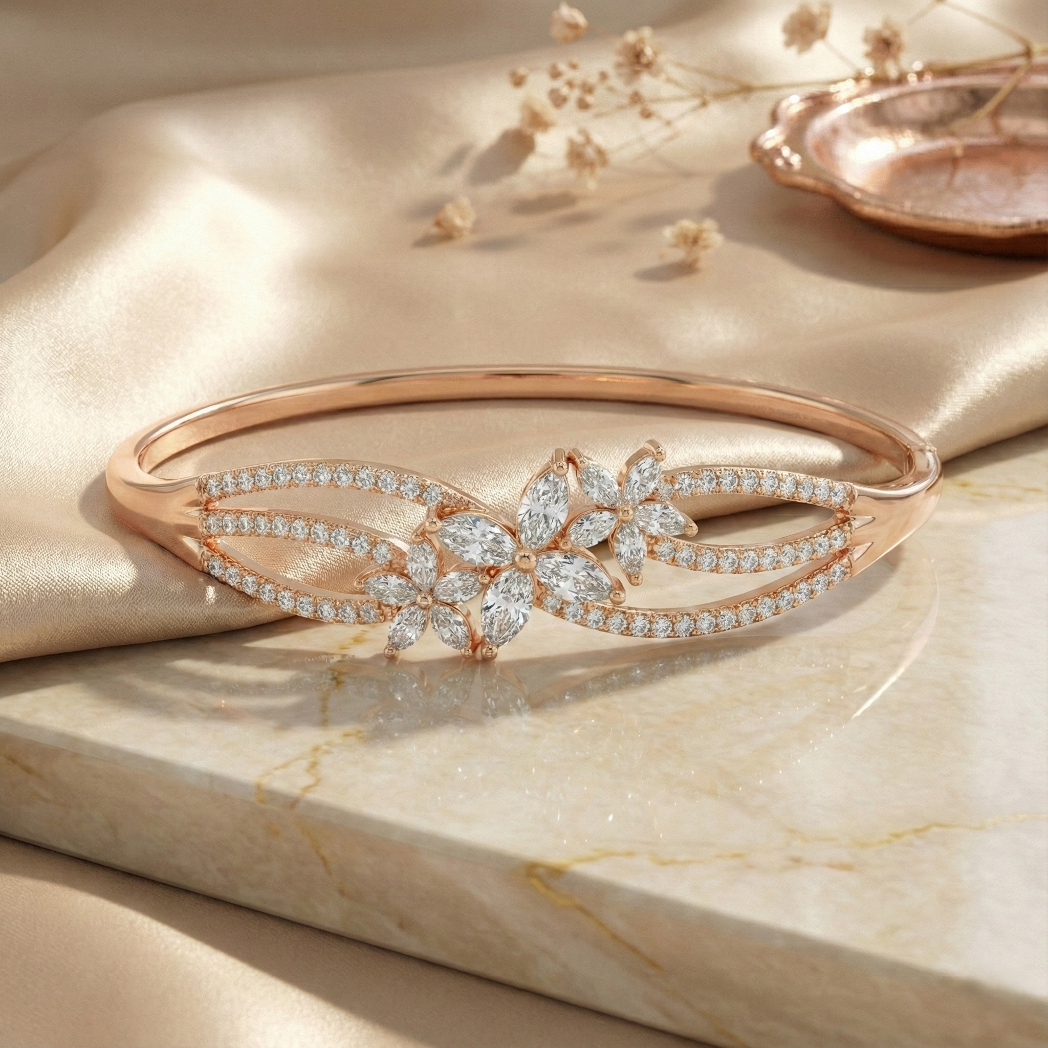 Rose Gold Floral Crystal Cuff Bracelet