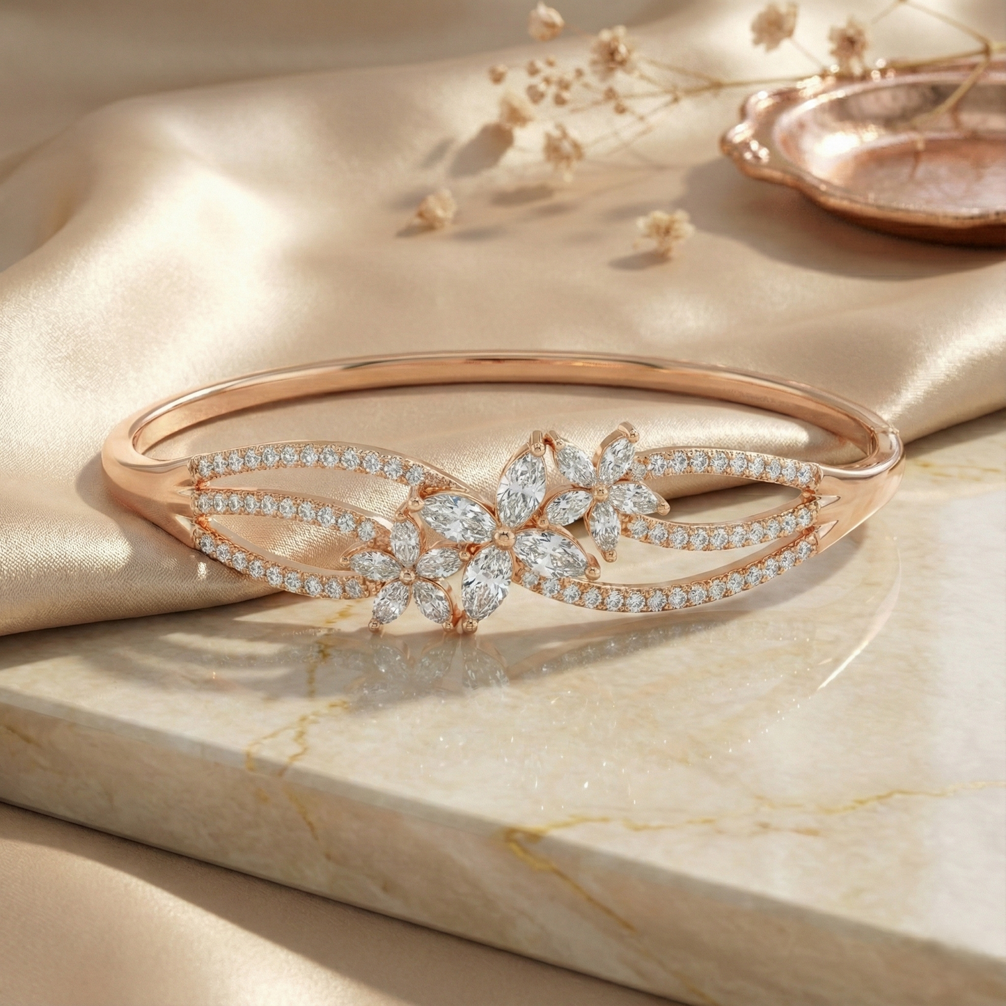Rose Gold Floral Crystal Cuff Bracelet