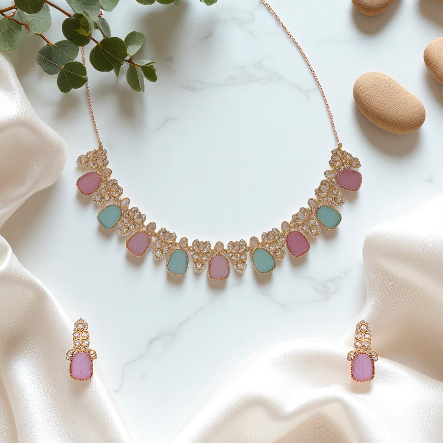 Pastel Pink & Mint Green Stone CZ Necklace Set