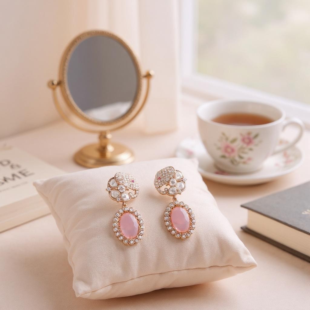 Moissanite Motif Earrings in Pastel Pink
