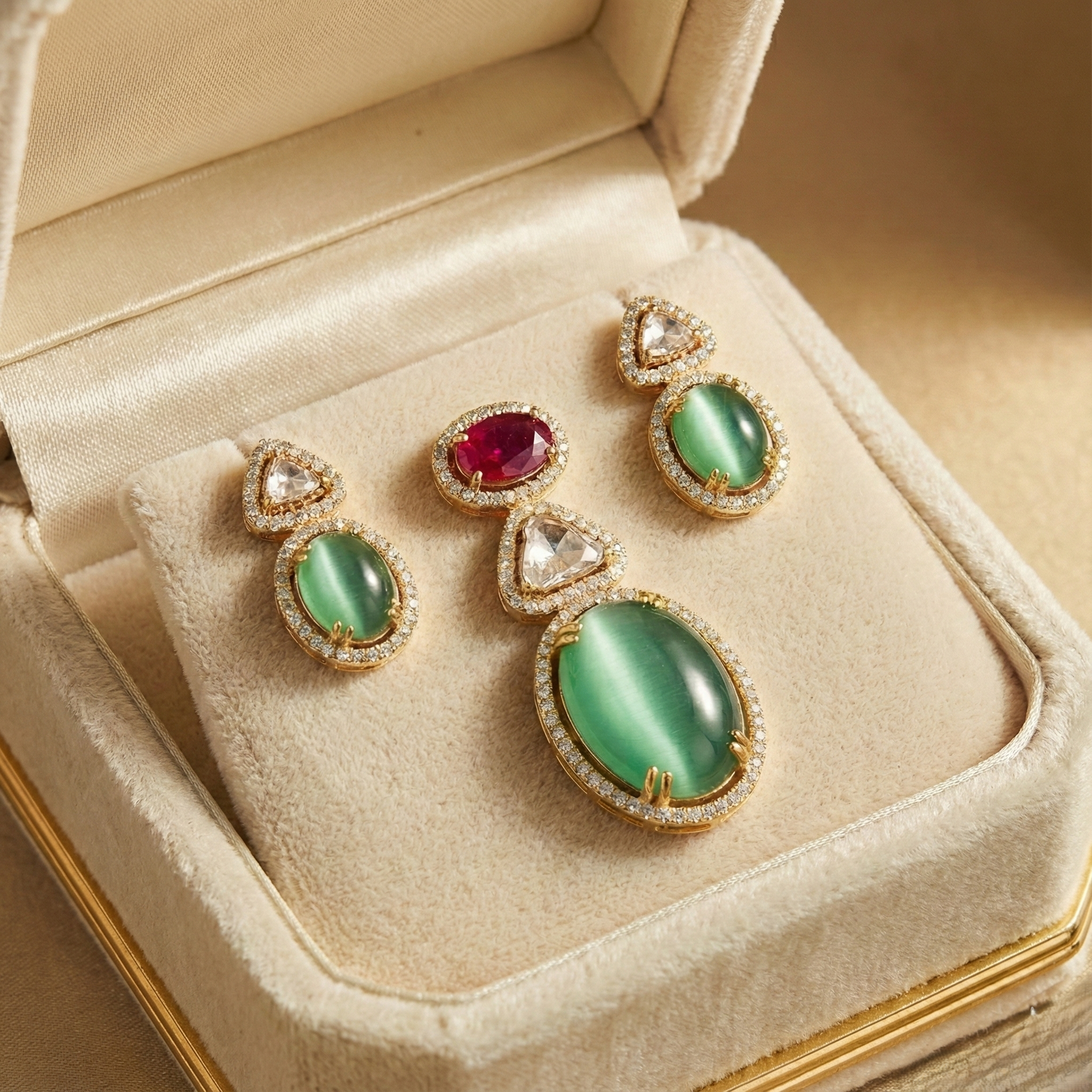 Emerald Moonstone Couture Pendant Set