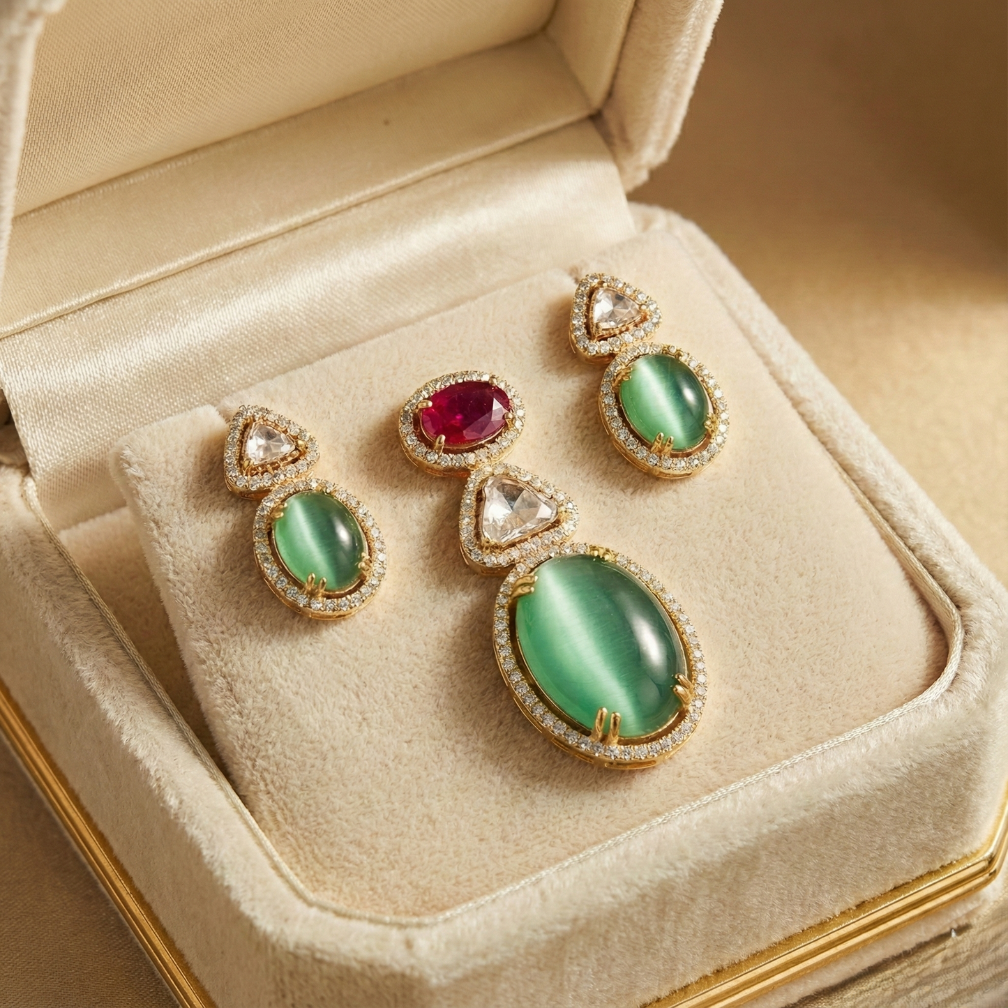 Emerald Moonstone Couture Pendant Set