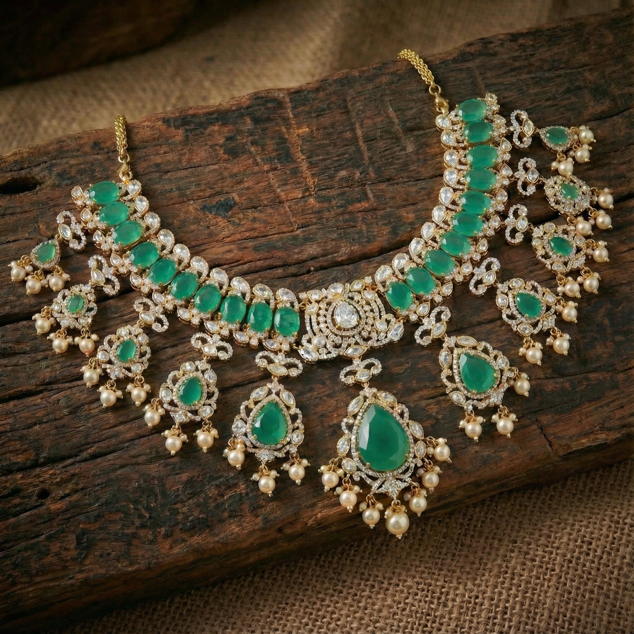 Emerald Kundan Pearl Drip Choker Set