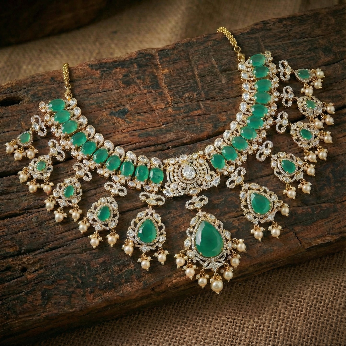 Emerald Kundan Pearl Drip Choker Set