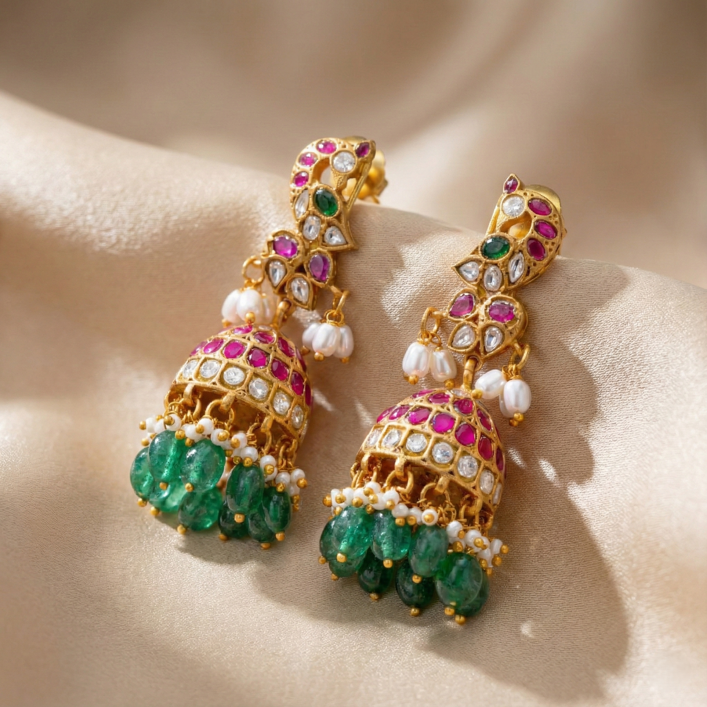 Peacock Ruby Emerald Kundan Jhumkas
