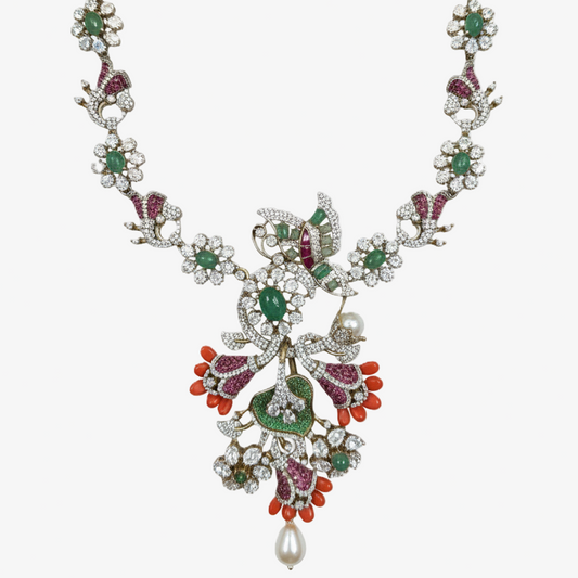 Enchanted Garden Emerald Coral Statement Necklace.