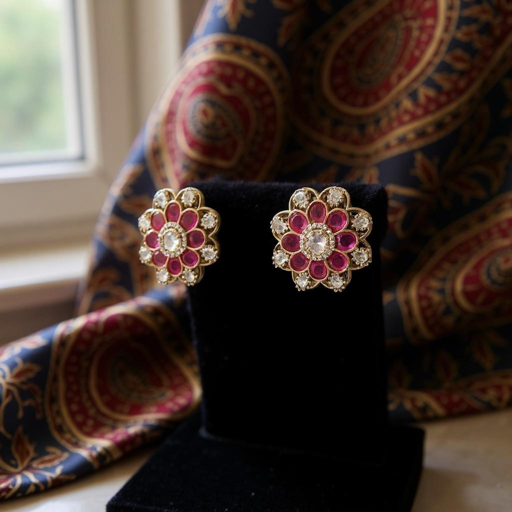 Moissanite Ruby Pink Floral Studs
